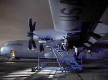 A C-130J Super Hercules prepares to conduct a dirt landing during Exercise African Lion 18, April 25, near Kenitra Air Base, Morocco. Approximately 900 U.S. reserve and active Soliders, Sailors, Marines and Airmen worked with RMAF in African Lion throughout the country of Morocco. 
Photo by Staff Sgt. Nesha Humes Stanton