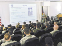 Royal Air Force Warrant Officer Jake Alpert, Allied Air Command command senior enlisted leader, leads a class on leadership philosophy at the second annual Atlantic Stripe Conference at the U.S. Air Forces in Europe and Air Forces Africa conference room May 16 on Ramstein Air Base. Sixty-four participants, including one member of the U.S. Army and five coalition partners, attended the four-day event aimed at strengthening the noncommissioned officer tier and partner nation equivalent.