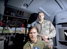 Staff Sgt. Kyle Shea (front), 86th Aircraft Maintenance Squadron dedicated crew chief, and Airman 1st Class Kyle Hodge, 86th AMXS assistant crew chief, pose for a photo inside the C-130J Super Hercules they maintain May 18 on Ramstein Air Base. Shea and Hodge worked together to achieve a ‘Black Letter’ aircraft. Black Lettering means there are no maintenance issues on or in the aircraft.