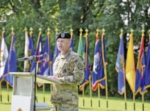 New U.S. Army Garrison Rheinland-Pfalz Command Sgt. Maj. D. “Brett” Waterhouse speaks to audience members during an assumption of responsibility ceremony at Rhine Ordnance Barracks, June 6. Waterhouse brings 27 years of training and experience to the garrison’s highest noncommissioned officer position. Photo by Mary Ann Davis