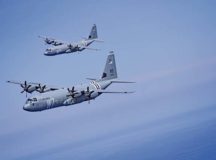wo U.S. Air Force C-130J Super Hercules fly above the Aegean Sea during exercise Stolen Cerberus VI, May 9, off the coast of Greece. Stolen Cerberus is an annual bilateral training event with the Hellenic air force designed to enhance interoperability and airlift capabilities through realistic joint air operations training, including aeromedical evacuation operations and airlift and airdrop capabilities.