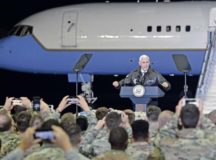 U.S. Vice President Mike Pence addresses Airmen at an all-call on Ramstein Air Base, Oct. 18. Pence spoke to Ramstein Airmen about their role in maintaining peace and security within the European theater. 