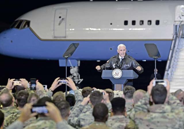 U.S. Vice President Mike Pence addresses Airmen at an all-call on Ramstein Air Base, Oct. 18. Pence spoke to Ramstein Airmen about their role in maintaining peace and security within the European theater. 
