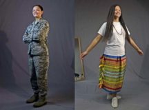 U.S. Air Force Senior Airman Kaylea Berry, 86th Airlift Wing Public Affairs broadcast journalist, is pictured in her military uniform, left, and her traditional Mvskoko (Creek) Nation attire at Ramstein Air Base, Nov. 8. Berry keeps a connection with her tribe by learning its language and history, and by reading about how current events affect her, her family, and her tribe.