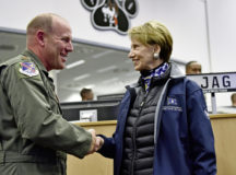 U.S. Air Force Maj. Kevin Edwards, U.S. Air Forces in Europe and Air Forces Africa joint interface control officer, receives a coin from Secretary of the Air Force Barbara Barrett during a tour of the 603rd Air and Space Operations Center at Ramstein Air Base, Nov. 22. Photo by Master Sgt. Renae Pittman