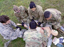 U.S. Airmen and Soldiers assigned throughout the Kaiserslautern Military Community provide medical care to a simulated casualty.