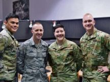 U.S. Air Force Senior Master Sgt. Arturo Quinones, 786th Civil Engineer Squadron facilities superintendent, left; Master Sgt. Justin Jones, 786th CES requirements and optimization section chief; Senior Airman Ariana M. Ingalls, 786th CES pavement and equipment journeyman; and Staff Sgt. Joshua Burch, 786th CES data analytics NCO in charge, pose for a photo during a gathering of leadership and peers to recognize Ingalls as Airlifter of the Week at Ramstein Air Base, Dec. 19, 2019. Ingalls coordinated the building and operation of a haunted house during Fall 2019 that raised 4,800 dollars for scholarships given to Kaiserslautern Military Community high school seniors and 750 dollars for the CES Booster Club. Photo by Airman 1st Class John R. Wright