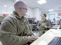 U.S. Army Maj. Elizabeth Jauregui, The Joint Commission readiness officer at LRMC, provides feedback to U.S. Air Force Capt. Christopher Hardwick, during a Joint Commission tracer, Jan. 15. These mock surveys aid hospital sections in improving patient safety, care and processes.