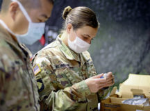 U.S. Army Capt. Jessica Weinman, 67th Forward Resuscitative Surgical Team Emergency Nurse, reviews the medication stock and prepares commonly used medications for an inbound patient prior to a training scenario at the Medical Simulation Training Center, Ramstein Air Base, June 19. Medications come in different concentrations and substances, and nurses need to assure these substances and concentrations are prepared appropriately and are ready to administer when a patient arrives.