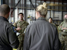 U.S. Air Force Staff Sgt. Mark Melchiori, 435th Security Forces contingency response team leader, briefs an aircrew from the 37th Airlift Squadron and 435th Contingency Response Group at Ramstein Air Base, Germany, Sept. 30, 2020. Briefs such as this keep everyone on the same page prior to a mission. (U.S. Air Force photo by Airman 1st Class Jennifer Gonzales)