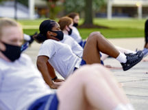 U.S. Air Force Basic Military Training trainee Chris-Ann Wilmoth, 37th Training Wing Detachment 5, Flight 564,  participates in a physical training session at Keesler Air Force Base, Mississippi, July 1, 2020. This group of nearly 60 trainees, who graduated on July 24, made up the first female flight to complete the six-week BMT course at Keesler. (U.S. Air Force photo by Kemberly Groue)