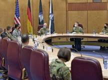 U.S. Space Force Gen. John W. “Jay” Raymond, Chief of Space Operations, center, speaks to U.S. Air Force Airmen and USSF Guardians during a lunch with space professionals at Ramstein Air Base, Feb. 2. Photo by Senior Airman John R. Wright