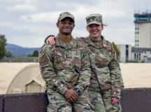 U.S. Air Force 1st Lt. Gabriel Houston, left, 786th Civil Engineer Squadron engineering chief, and 1st Lt. Merrick Choate-Houston, right, 86th CES Installation Management Flight deputy, were key players in the creation and sustainment of pod operations since the beginning of the Afghan evacuation operations at Ramstein Air Base, Germany, Oct. 12, 2021. The Houstons designed the blueprint for the buildup of the pods with short notice and ensured Airmen and contractors were able to sustain operations throughout the course of Operation Allies Welcome. (U.S. Air Force photo by Airman Jared Lovett)