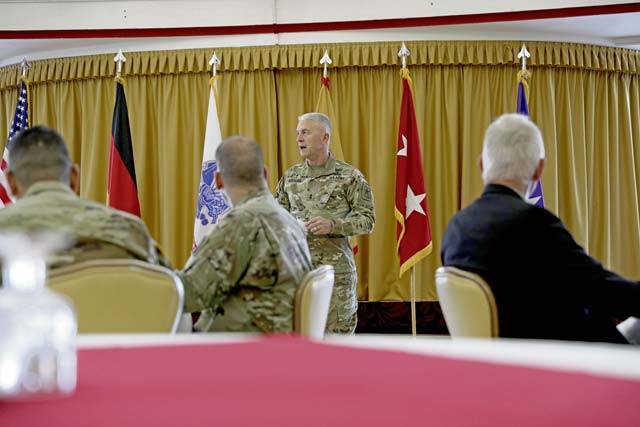 Maj. Gen. Thomas Solhjem, U.S. Army Chief of Chaplain, visits leaders from 21st Theater Sustainment Command Oct. 19 in Kaiserslautern, to introduce and discuss the Spiritual Readiness Initiative. This three day training targets all Army personnel to help build and sustain Army readiness. 