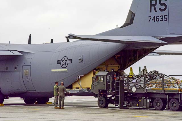 U.S. Airmen load cargo onto a C-130J Super Hercules aircraft assigned to the 37th Airlift Squadron, Ramstein Air Base, during operation Castle Forge at Larissa Air Base, Greece, Oct. 15. Castle Forge is a U.S. Air Forces Europe-Air Forces Africa-led joint, multinational operation. It provides a dynamic, partnership-focused training environment that raises the U.S. commitment to collective defense in the Black Sea region while enhancing interoperability alongside NATO allies.Photo by Senior Airman Jessica Blair