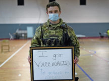 U.S. Air Force Senior Airman Jacob Barkley, 86th Security Force Squadron patrolman, states his reason for getting the COVID-19 vaccine at Ramstein Air Base, Germany, Feb. 2, 2021. Barkley received the second dose of the vaccine as part of Phase 1a of the COVID-19 prioritization plan for first responders and select medical personnel. (U.S. Air Force photo by Senior Airman Milton Hamilton)