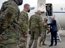 Honorable Frank Kendall, Secretary of the Air Force, shakes hands with Gen. Jeffrey Harrigian, commander of United States Air Forces in Europe - Air Forces Africa, at Ramstein Air Base, Germany, Feb. 8, 2022. Kendall visited the base in order to discuss USAFE-AFAFRICA operations, current events at Ramstein AB and relationships with partner nations. (U.S. Air Force photo by Senior Airman Thomas Karol)