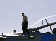 An U.S. Air Force Airman assigned to the 492nd Fighter Squadron, 48th Fighter Wing, performs general maintenance on an F-15E Strike Eagle at Andravida Air Base, Greece, March 24, 2022. The 48th FW is one of the many participants to participate in INIOCHOS 22, a Hellenic air force-led exercise designed to enhance the interoperability and skills of allied and partner forces in the accomplishment of joint operations and air defenses. (U.S. Air Force photo by Staff Sgt. Malissa Lott)