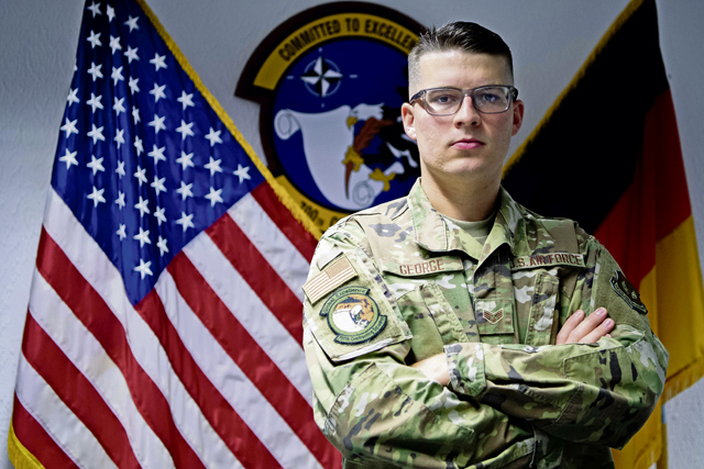 US Air Force soccer player controls the goal