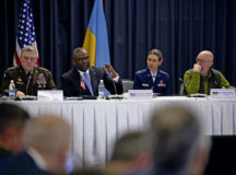 U.S. Secretary of Defense Lloyd J. Austin III, second from left, and U.S. Army General Mark Milley, Chairman of the Joint Chiefs of Staff, left, meet with leaders from across the world to discuss the ongoing crisis in Ukraine during the Ukraine Security Consultative Group event at Ramstein Air Base, Germany, April 26, 2022. The United States continues to uphold the principles of democracy, territorial integrity, sovereignty, and respect for the international rules-based order. (U.S. Air Force photo by Airman 1st Class Jared Lovett)