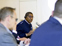 U.S. Air Force Maj. Gen. Randall Reed, Third Air Force and Kaiserslautern Military Community commander, speaks during a mayors’ forum May 6, 2022, in Krickenbach, Germany. Among the topics discussed during the forum were an update on the COVID-19 pandemic, support for Ukrainian refugees in the Rheinland Pfalz footprint and logistics related to the newly-announced construction of the Rhine Ordnance Barracks Medical Center. (U.S. Air Force photo by Staff Sgt. Christian Conrad)