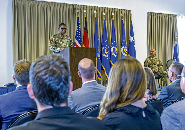 U.S. Air Force Maj. Gen. Randall Reed, Third Air Force commander, gives remarks during his final commander’s call at Ramstein Air Base, Germany, May 18, 2022. Third Air Force also works with its subordinate commands to ensure implementation and compliance with relevant policies and directives of the Department of Defense, Headquarters Air Force, and USAFE-AFAFRICA. Additionally, Third Air Force facilitates coordination between its subordinate commands and USAFE-AFAFRICA, U.S. European Command, U.S. Africa Command, DoD agencies, and other field activities. (U.S. Air Force photo by Staff Sgt. Megan M. Beatty)