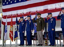 The official party of a United States Air Forces in Europe and Air Forces Africa change of command ceremony, give their salute at Ramstein Air Base, Germany, June 27, 2022. Gen. Jeffrey L. Harrigian, U.S. Air Forces in Europe and Air Forces Africa outgoing commander, relinquished command and Gen. James B. Hecker, USAFE-AFAFRICA incoming commander, assumed command. (U.S. Air Force photo by Airman 1st Class Jared Lovett)