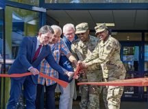 Leadership from the 86th Airlift Wing cut the ribbon during the Rheinland Inn Dining Facility grand reopening ceremony at Ramstein Air Base, Germany, July 18, 2022. After two and a half years of renovations, the DFAC opened to not just dorm Airmen, but all Department of Defense identification card holders and their immediate families as a way to better serve the community. (U.S. Air Force photo by Senior Airman Andrew Bertain)