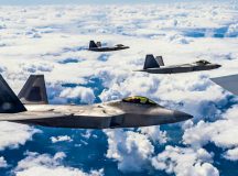 Three U.S. Air Force F-22 Raptor aircraft assigned to the 90th Fighter Squadron, Joint Base Elmendorf-Richardson, Alaska, fly alongside a U.S. Air Force KC-135 Stratotanker aircraft assigned to the 100th Air Refueling Wing at Royal Air Force Mildenhall, England, over Poland, Aug. 10. The F-22 possesses a sophisticated sensor suite allowing the pilot to track, identify, shoot and kill air-to-air threats before being detected. It cannot be matched by any known or projected fighter aircraft, making it a highly strategic platform to support NATO Air Shielding. Photo by Staff Sgt. Kevin Long