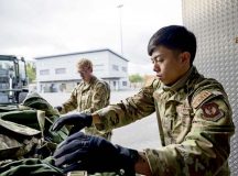 U.S. Air Force Airman 1st Class Jhean Natividad, 86th Logistic Readiness Squadron traffic management operation apprentice, assembles a cargo pallet during exercise Operation Varsity 22-4 at Ramstein Air Base, Oct. 18. These quarterly base exercises are held to test responses to various exercise scenarios such as terrorism and chemical, biological, radiation and nuclear threats. Photo by Staff Sgt. Jacob Wongwa