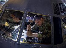 U.S. Air Force Staff Sgt. Vinni Mata, 86th Aircraft Maintenance Squadron aerospace maintenance journeyman, left, and Senior Airman Jamey Harville, 86th Aircraft Maintenance Squadron aerospace maintenance journeyman work together to fasten a bolt on a C-130J Super Hercules aircraft at Ramstein Air Base, Germany, Nov. 7, 2022. 86th AMXS Airmen to work together to ensure fully operational maintenance repairs before sending aircrew back into the skies. (U.S. Air Force photo by Airman 1st Class Jordan Lazaro)