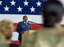 U.S. Air Force Brig. Gen. Otis C. Jones, incoming 86th Airlift Wing commander, speaks to the audience at his change of command ceremony at Ramstein Air Base, Germany, July 15. Upon assuming command of the 86 AW, Jones became responsible for U.S. Air Forces in Europe and Air Forces Africa’s largest wing, comprising eight groups, 30 squadrons and 9,000 members. (U.S. Air Force photo by Senior Airman Andrew Bertain)