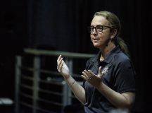 Natalie Brown, an Airport Fire Station Tampa  firefighter paramedic, gives a Street Smart presentation at Ramstein Air Base, Germany, March 13, 2023. The presentation was intended to educate Airmen about the hazards of distracted driving and proper safety procedures while operating a motor vehicle. (U.S. Air Force photo by Senior Airman Isaac Olivera)