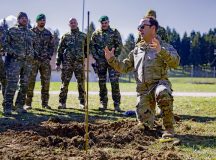 U.S. Army Sgt. 1st Class Tyler Leri, EOD platoon sergeant, 720th Ordnance Company, 18th Military Police Brigade, 21st Theater Sustainment Command, gives instruction on forensics procedures of a detonated ordnance to service members from the Slovenian Army, March 16, 2023 in Novo Mesto, Slovenia. (U.S. Army photo by Spc. Benjamin J. Purcey)