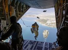A Hellenic paratrooper conducts a static-line jump out of a U.S. Air Force C-130J Super Hercules aircraft during Exercise Stolen Cerberus X above the Nea Peramos Drop Zone, Greece, May 8. The objective of the training deployment and exercise was to enhance interoperability and airlift capabilities between the U.S. and Hellenic armed forces, strengthen bilateral defense ties and execute aeromedical evacuation and jump training.