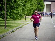 U.S. Air Force Chief Master Sgt. Chad VanCleave-Goff, 86th Security Forces Squadron senior enlisted leader, runs during a 5k memorial event during Police Week at Ramstein Air Base, May 15. During the week, the base held several events honoring Police Week including a Defender Challenge, 5K run and a final guardmount.