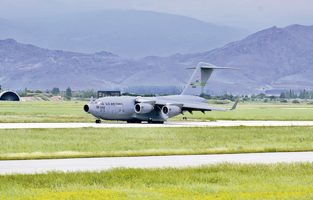 A U.S. Air Force C-17 Globemaster III lands at Larissa Air Base, Greece, May 14. Exercise Defender Europe 23 leveraged mobility aircraft and people to maneuver forces during the U.S. European Command-directed multinational joint exercise designed to build readiness and interoperability between U.S. and NATO Allies and partners.