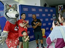 Members of the Kansas City Chiefs, including retired Chief's player Dante Hall, two cheerleaders, and the mascot, visit service members at the Kaiserslautern Military Community Center at Ramstein Air Base, Germany, May 29, 2023.