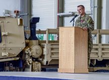 U.S. Air Force Col. Bryan Callahan, 435th Air Ground Operations Wing out-going commander, bids farewell to the wing during the 435th AGOW change of command ceremony at Ramstein Air Base, Germany, June 9, 2023. The change of command was part of a larger ceremony which officially divided the 435th AGOW and 435th Air Expeditionary Wing a into separate organizations under their own commands, after Callahan previously commanded both wings. (U.S. Air Force photo by Airman Trevor Calvert)