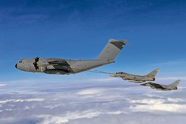 A Spanish A400M tanker refuelling two Eurofighters, during long-range drills above Romania, Aug. 24.
Photos courtesy of the Spanish Air Force