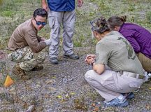 Students and instructors in the Bureau of Alcohol, Tobacco, Firearms and Explosives Post Blast Training Course participate in a training scenario at Ramstein Air Base, Germany, Aug. 9, 2023. The program focuses on training students to examine a scene after an explosion and collect evidence to support the investigation of the bombing. (U.S. Air Force photo by Airman Trevor Calvert)