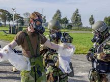 U.S. Air Force aircrew flight equipment managers assigned to the 86th Operations Support Squadron, 52nd OSS, 31st OSS and 100th OSS, practice decontamination methods with a member of the Swedish air force during NATO Exercise Toxic Trip 23 at Koksijde Air Base, Belgium, Sept. 27, 2023. Approximately 500 players and 18 countries participated in this year’s NATO Toxic Trip exercise, the largest Chemical, Biological, Radiological and Nuclear exercise in NATO. (U.S. Air Force photo by Senior Airman Madelyn Keech)