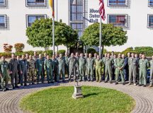 U.S. Air Force Gen. James B. Hecker, United States Air Forces in Europe, Air Forces Africa commander, NATO Air Chiefs and USAFE-AFAFRICA Warfare Center leadership pose for a photo at Einsiedlerhof Air Base, Germany, Sept. 27, 2023. UAWC leadership provided the distinguished visitors with a mission brief and a tour of the training facilities. (U.S. Air Force photo by Senior Airman Jared Lovett)