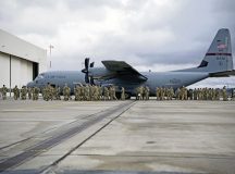 U.S. Air Force Airmen assigned to the 37th Airlift Squadron, as well as deployed  Airmen assigned to the 621st Contingency Response Wing, Travis Air Force Base, California, and Quonset Point Air National Guard Station, Rhode Island, depart a C-130J Super Hercules aircraft after participating in floor-loading training at Ramstein Air Base, Germany, Nov. 9, 2023. The 37th AS held this training event to rehearse floor-loading procedures used primarily in contingency operations and humanitarian aid missions, during which the maximum number of passengers are loaded onto an aircraft without the standard use of seatbelts or stanchions. (U.S. Air Force photo by Senior Airman Jared Lovett)