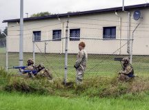 U.S. Air Force Airmen assigned to the 435th Security Forces Squadron monitor a treeline during a field training demonstration with a robodog at the Polygone Training Compound in Bann, Germany, Oct. 20, 2023. The robodog is designed to enter areas where Chemical, Biological, Radiological or Nuclear agents may have been used, ultimately preserving manpower for future contingency response team missions. (U.S. Air Force photo by Senior Airman Madelyn Keech)