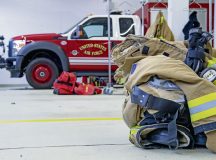 Members of the 86th Civil Engineer Squadron Fire Department prepare to don their gear at Ramstein Air Base, Germany, Nov. 6, 2023. The 86th CES provides fire prevention and emergency services for members of the Kaiserslautern Military Community. (U.S. Air Force photo by Airman Trevor Calvert)