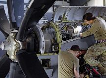 U.S. Air Force Airman 1st Class Jose Sandoval and Senior Airman Samuel Alcala-Perez, 86th Maintenance Squadron aerospace propulsion apprentice and journeyman respectively, inspect the engines of a C-130J, Super Hercules aircraft, at Ramstein Air Base, Germany, Jan. 9, 2024. During the letter check inspection, Sandoval and Alcala-Perez ran every engine through a checklist, taking note if anything was leaking, broken or worn down, so they could fix it after the inspection. (U.S. Air Force photo by Senior Airman Andrew Bertain)