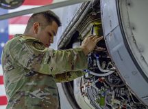 U.S. Air Force Airman 1st Class Maximiliano Montes, 86th Aircraft Maintenance Squadron C-130J Super Hercules aircraft maintenance journeyman, inspects components of a C-130J at Ramstein Air Base, Germany, Feb. 9, 2024. Montes competed in the second annual 86th Maintenance Group Aerospace Maintenance Competition. (U.S. Air Force photo by Airman 1st Class Eve Daugherty)