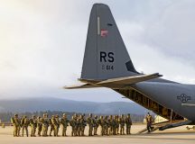 U.S. Army Soldiers from the 173rd Airborne Brigade board a U.S. Air Force C-130J Super Hercules aircraft from the 86th Airlift Wing to perform a static-line jump at Ramstein Air Base, Germany, Feb. 13, 2024. The 86th AW facilitated the training of over 200 paratroopers from the U.S. Army, U.S. Air Force and the German army as a joint training to display the Global Gateway’s Airlift capabilities, as well as the contingency response capabilities of the paratroopers. (U.S. Air Force photo by Senior Airman Andrew Bertain)