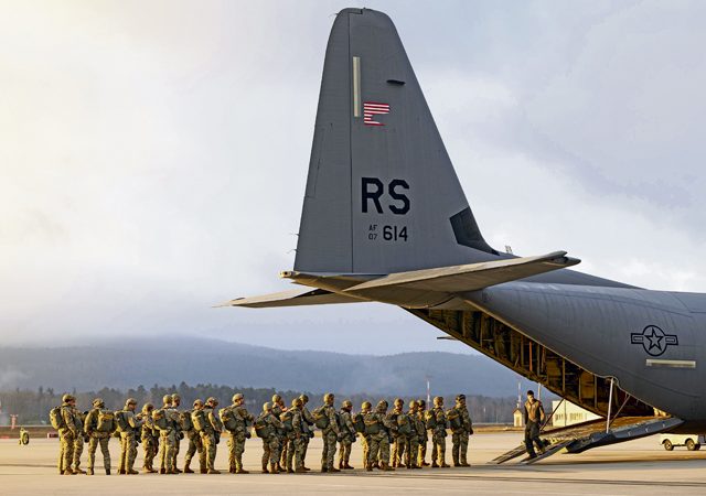 U.S. Army Soldiers from the 173rd Airborne Brigade board a U.S. Air Force C-130J Super Hercules aircraft from the 86th Airlift Wing to perform a static-line jump at Ramstein Air Base, Germany, Feb. 13, 2024. The 86th AW facilitated the training of over 200 paratroopers from the U.S. Army, U.S. Air Force and the German army as a joint training to display the Global Gateway’s Airlift capabilities, as well as the contingency response capabilities of the paratroopers. (U.S. Air Force photo by Senior Airman Andrew Bertain)